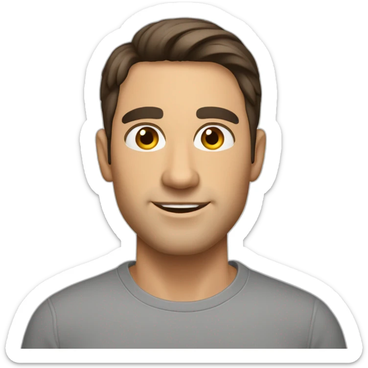 Caucasian man with, tanned skin, short dark hair, brown eyes, big nose, sticker