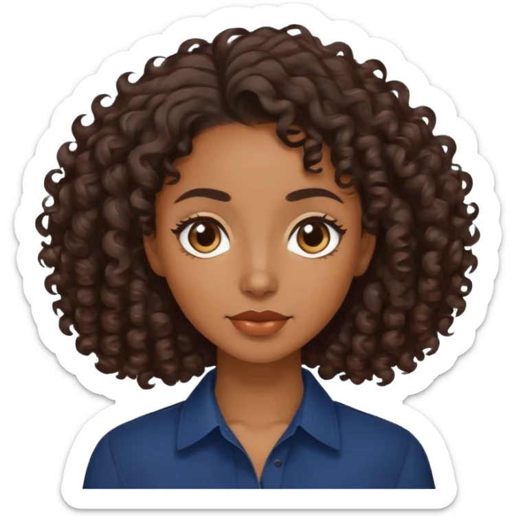 brown skin woman with dark brown curly hair wearing a navy blue shirt sticker