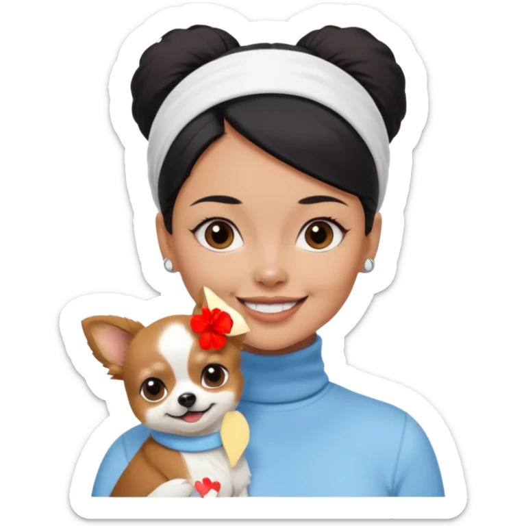 tan skin woman, with short black hair in a slicked back ponytail with forehead showing, with white headband, wearing solid pastel blue turtleneck shirt, smiling carrying dark brown-white furry fuzzy chihuahua papillon pomeranian dog sticker