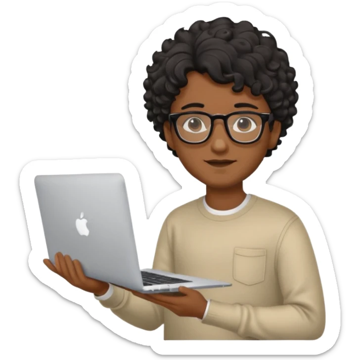 guy with wavy kinda curly black hair and skin tone a little bit brown and glasses, with a macbook sticker