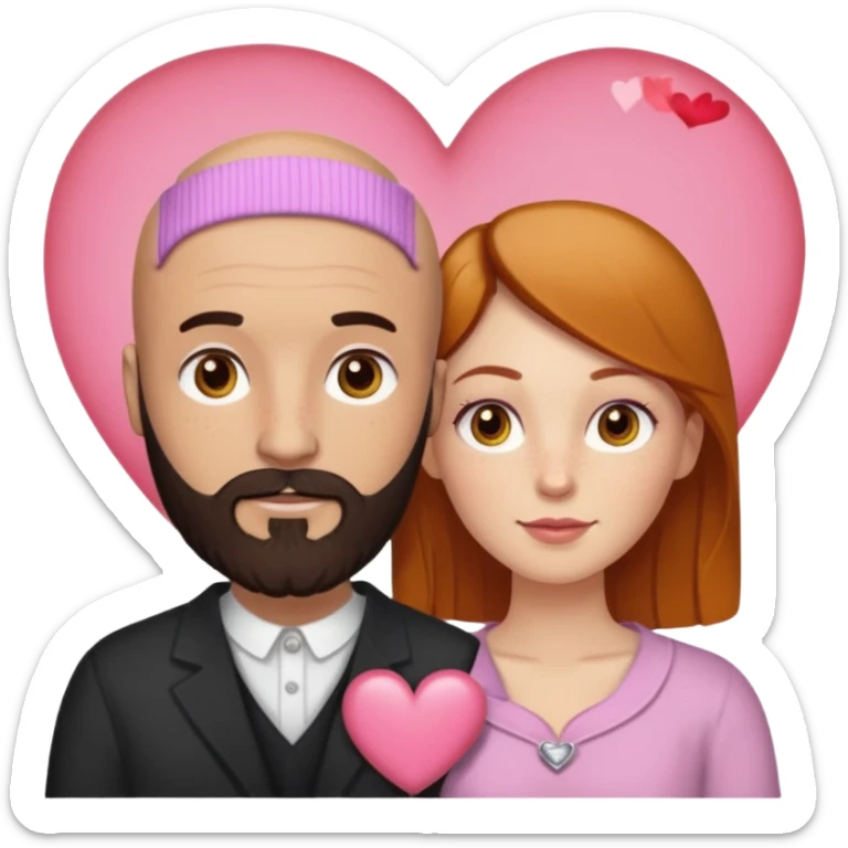Couple. Bald man with dark brown-black beard. White woman with many small, faded freckles, white skin and she has auburn-yellow-brown-caramel, dark hair. She has light orange-brown eyes. The man have hazel eyes. They are inside one big heart. Retro style. sticker