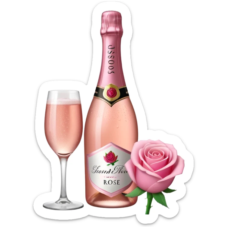 bottle of sparkling rose champagne tilted up and to the right, with a rose logo sticker