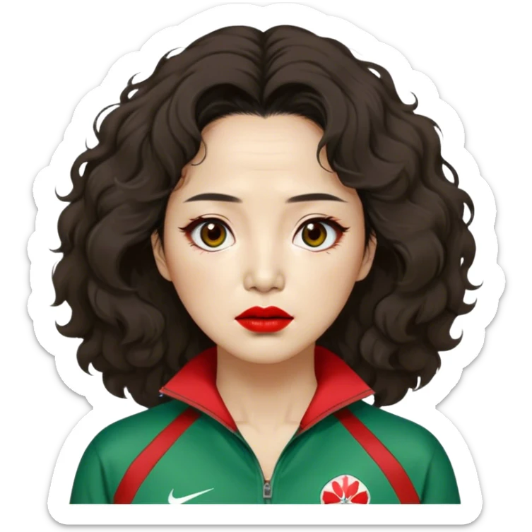 Han Mi-nyeo: Age Late 70s
Appearance: A crazy woman with many wrinkles face, frizzy, very messy dark brown hair and dramatic red lipstick.
Outfit: Green player tracksuit sticker