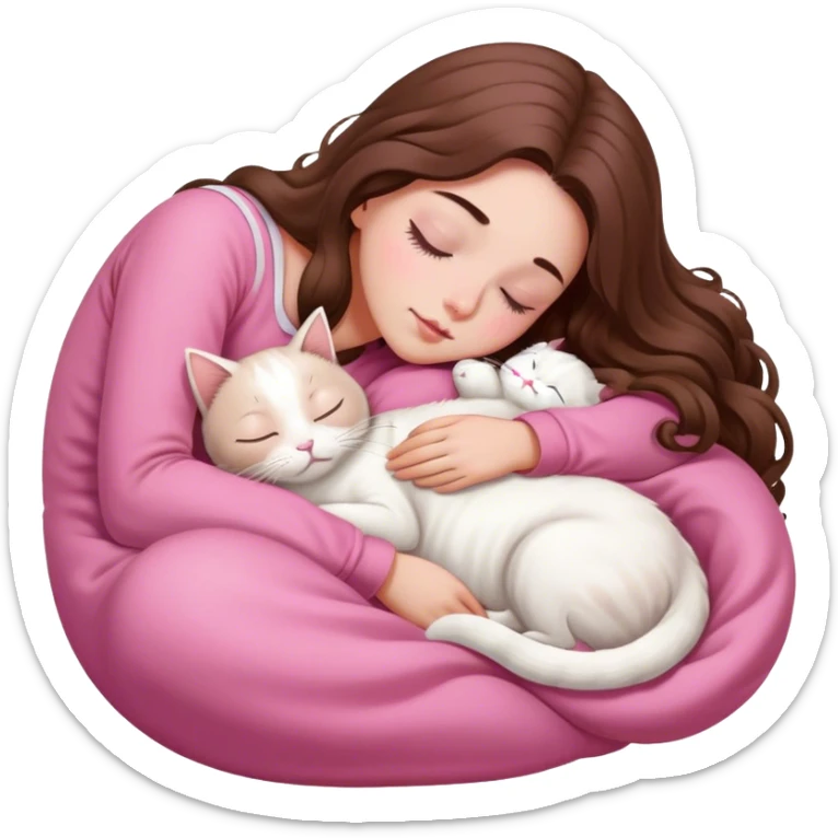 A pretty white girl with very long brown hair and pink clothing sleeping curled up to a white cat  sticker