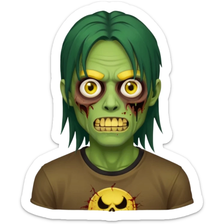 I want you to give me a zombie man and his skin its green who has golden teeth, yellow eyes, eyebrows and black hair, the hair I want to be a long modcut cut and is wearing a brown affliction T-shirt and thin circular lenses sticker