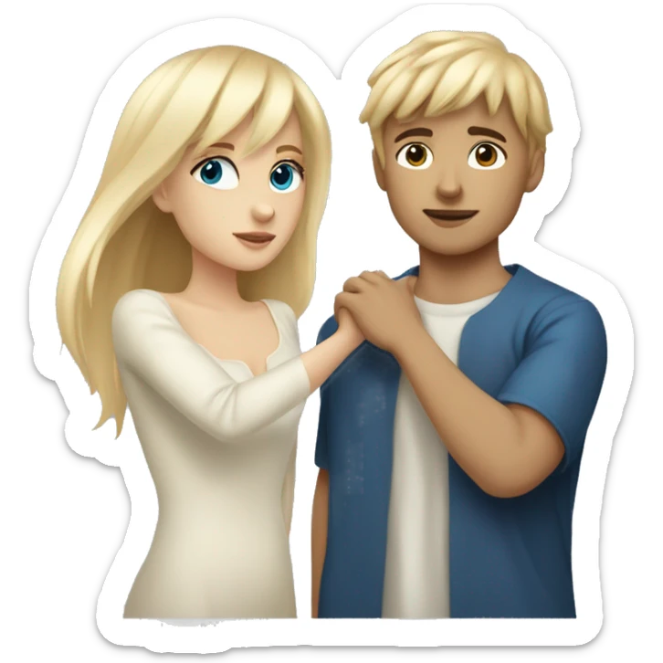 Girl with long back hair with bangs and tan skin kissing boy with blonde hair blue eyes and white skin sticker