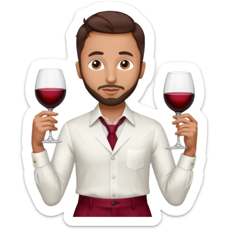 Anwar Jibawi with dark brown hair, white dress shirt, wine red silk pants sticker