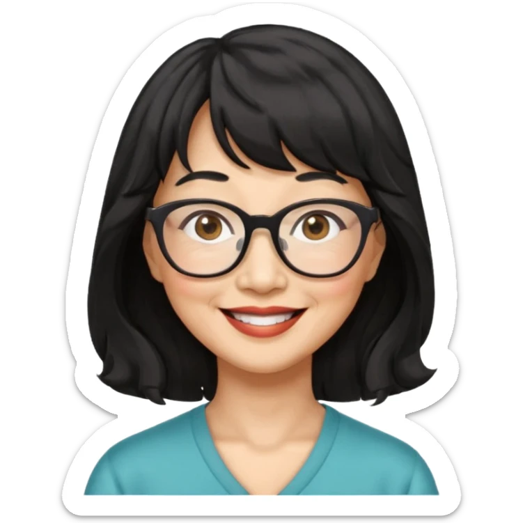 asian woman, 60 yr old, black wavy hair with bangs, big glasses  sticker