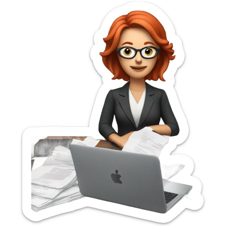 red hair woman wearing glasses desk monitor stack paper sticker