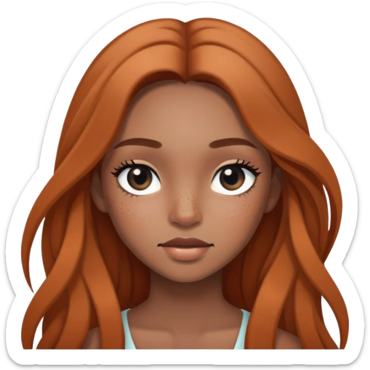 girl with long hair, black eyes, soft makeup, and freckles across her face sticker