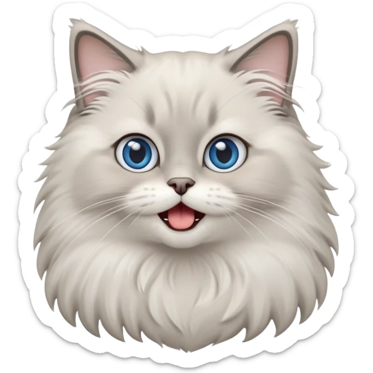 cinematic-adorable-big-eyed-fluffy-grey ragdoll-cat-portrait-emoji,-head-tilted-playfully-with-a-cute,-yawn,-white and grey fur,-simplified-yet-irresistibly-cute-features, blue eyes sticker