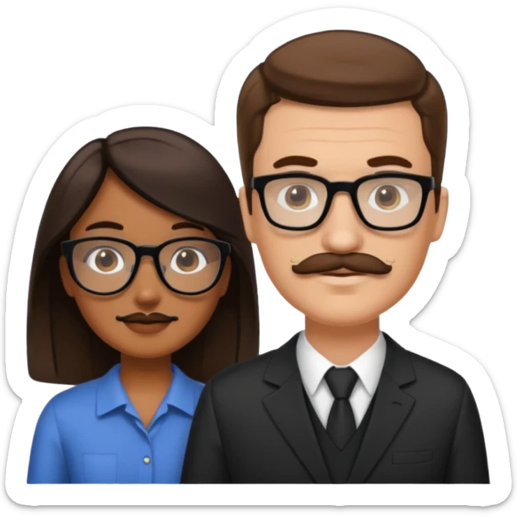 White brown cow boy with black glasses and mustache with a black black girl sticker