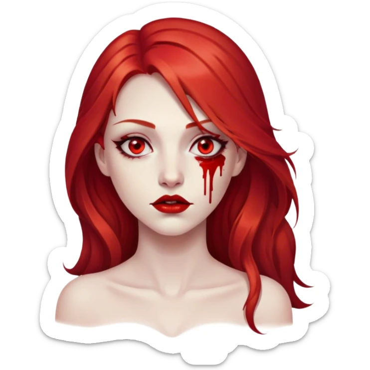a woman with long red hair and red eyes. She have red lipstick. blood on face and metaphorical chest sticker