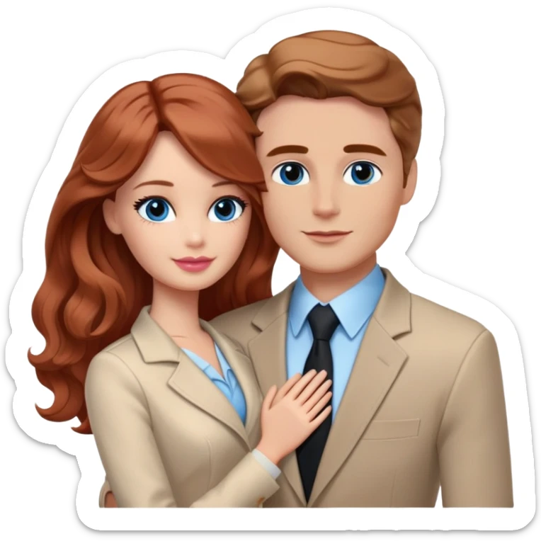 Barbie girl  , eyes blue , Chestnut red long wavy hair In pale beige clothes, Hugs a man with pale brown hair short haircut, brown eyes , and a black suit sticker