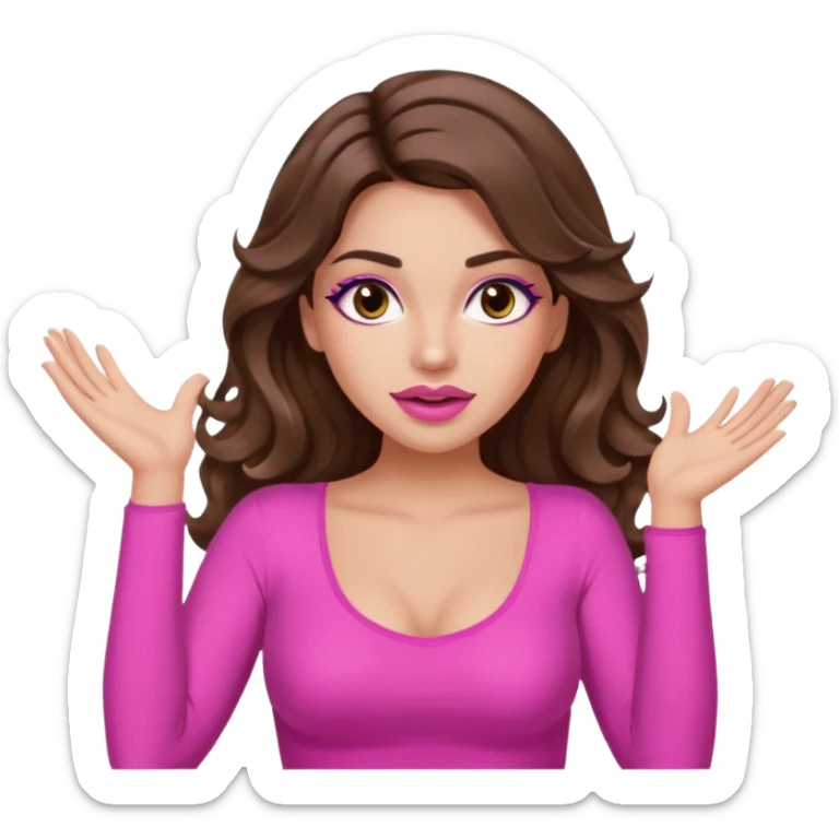 girl with long wavy brown hair, brown eyes, long lashes makeup, sexy pink lips, light to medium complexion, pink sexy top, two hands up, shrugging sticker