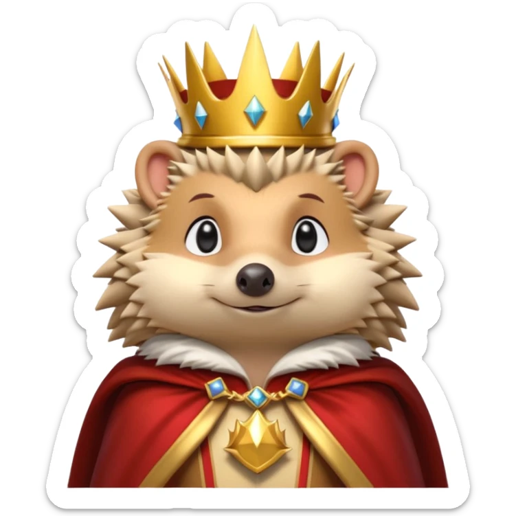 king hedgehog portrait, head and shoulders only, wearing a small golden crown, royal cape collar, proud confident expression, cute spiky fur details, fantasy royal vibe, 3D cartoon, mobile game icon style, clean background, no text, no watermark
 sticker