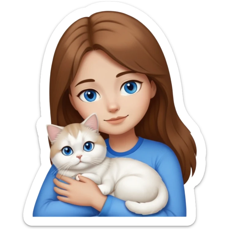 tan, brown hair girl cuddling a white persian cat with blue eyes in IOS 18 emoji  sticker