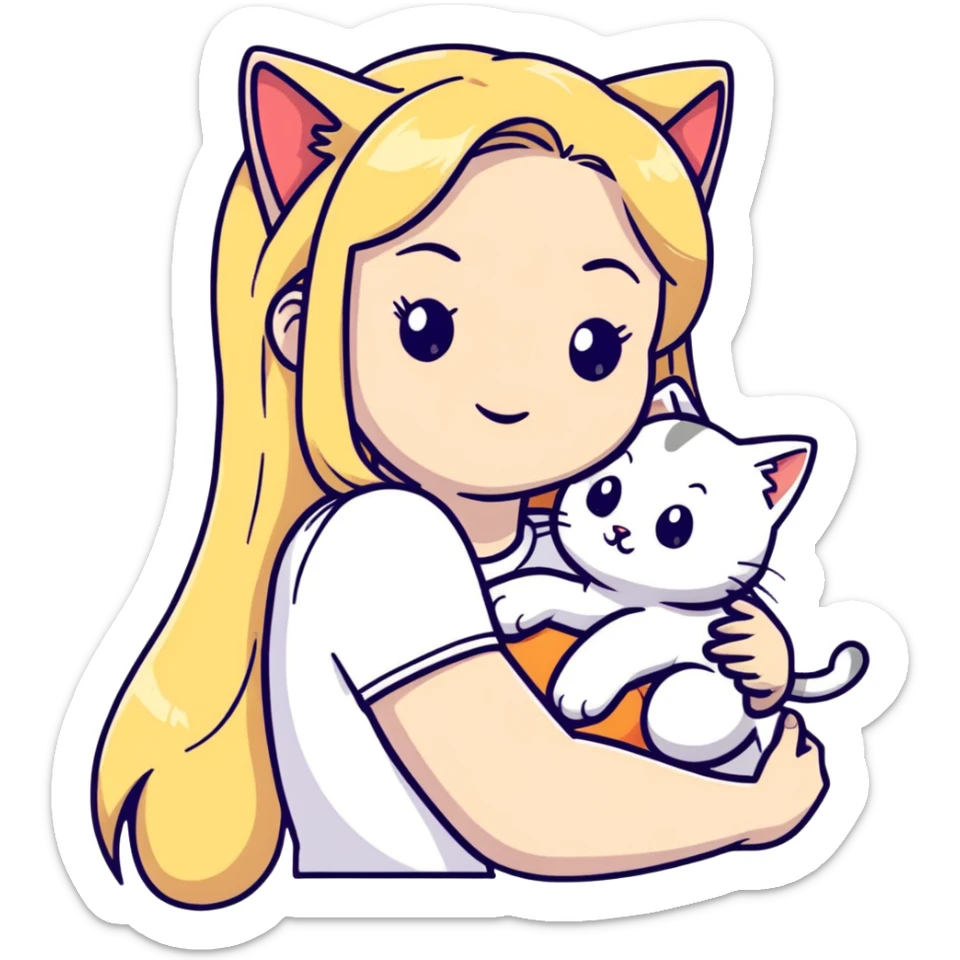 pretty woman with pale skin, very long blonde hair hugging a cat sticker