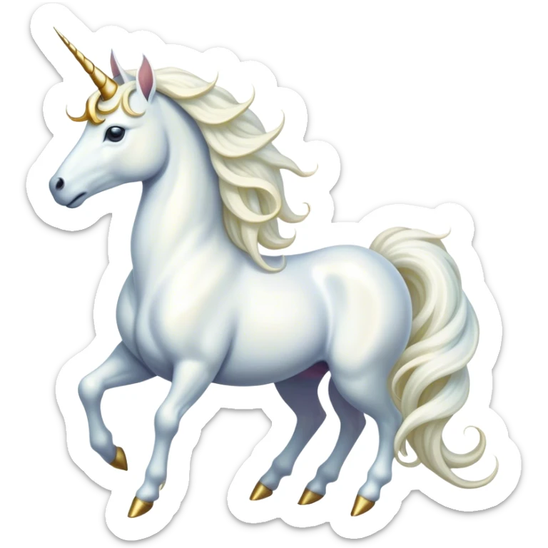 Cinematic Noble White Unicorn Portrait Emoji, Poised and regal, with a slender, ethereal form draped in a pristine white color, a flowing mane and tail, and a glistening, spiraled horn that radiates pure light, Simplified yet sharp and sophisticated features, highly detailed, glowing with a soft, iridescent luminescence, high shine, intelligent and transcendent, stylized with an air of mythical enchantment, focused and serene, soft glowing outline, capturing the essence of a watchful and confident white unicorn that appears ready to prance out of the screen with magical grace! sticker