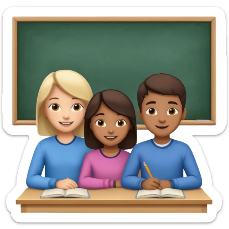 a group of students of both genders (boy and girl) talking to each other quietly in a classroom (let them face each other) sticker