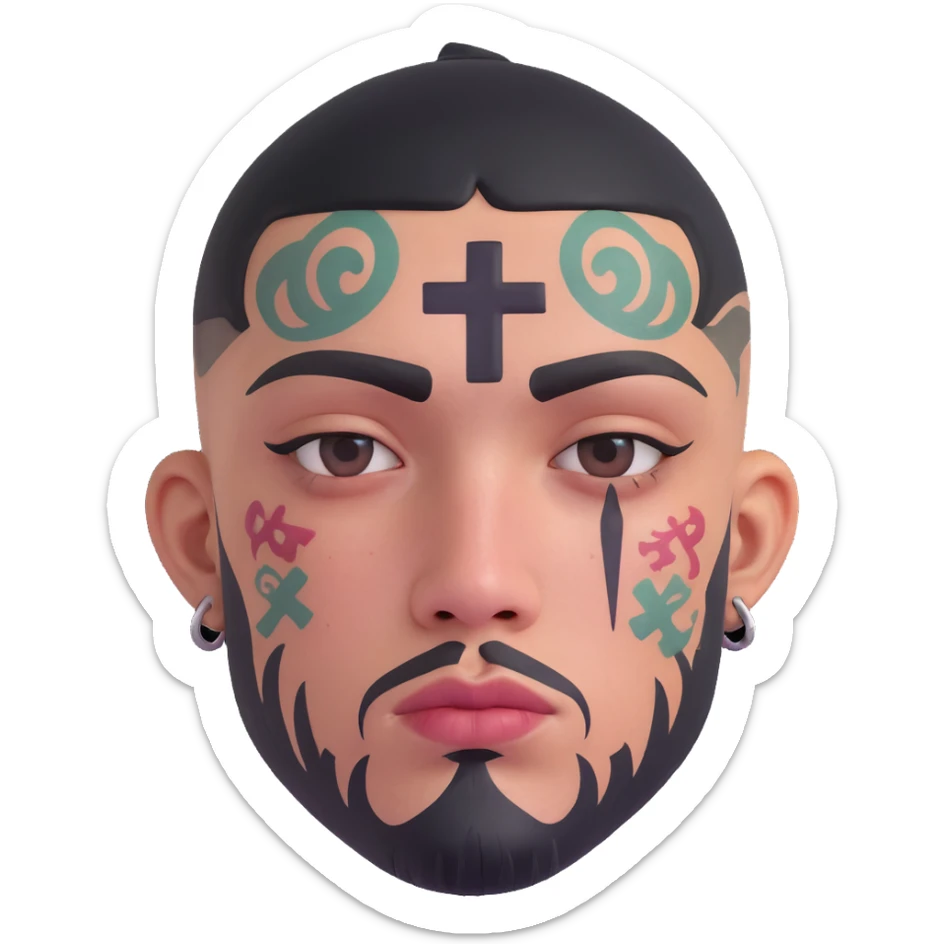 gangster with multiple face tattoos, teardrop under eye, cross tattoo on cheek, tough vibe sticker
