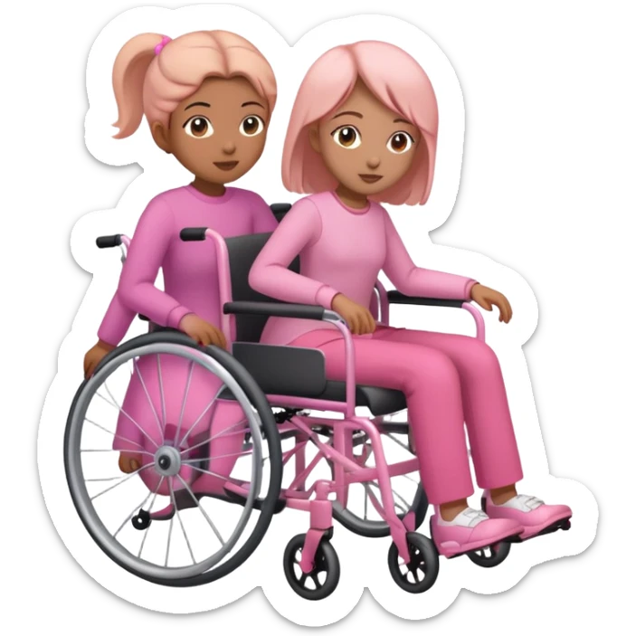 One peach skin sister pushing her light brown skin sister in a pink wheelchair sticker