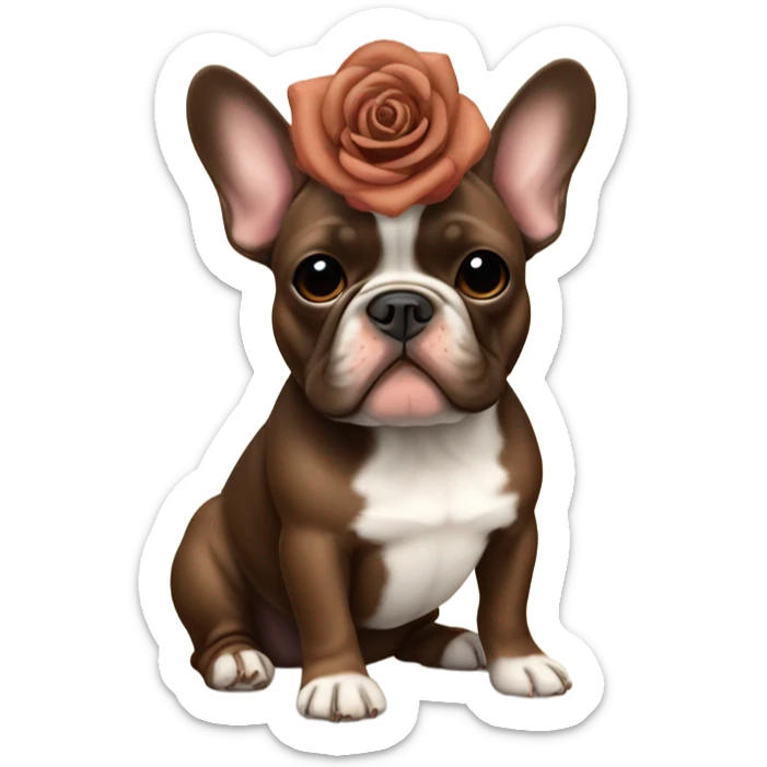 Tan and Chocolate brown French bulldog with a rose on its head sticker