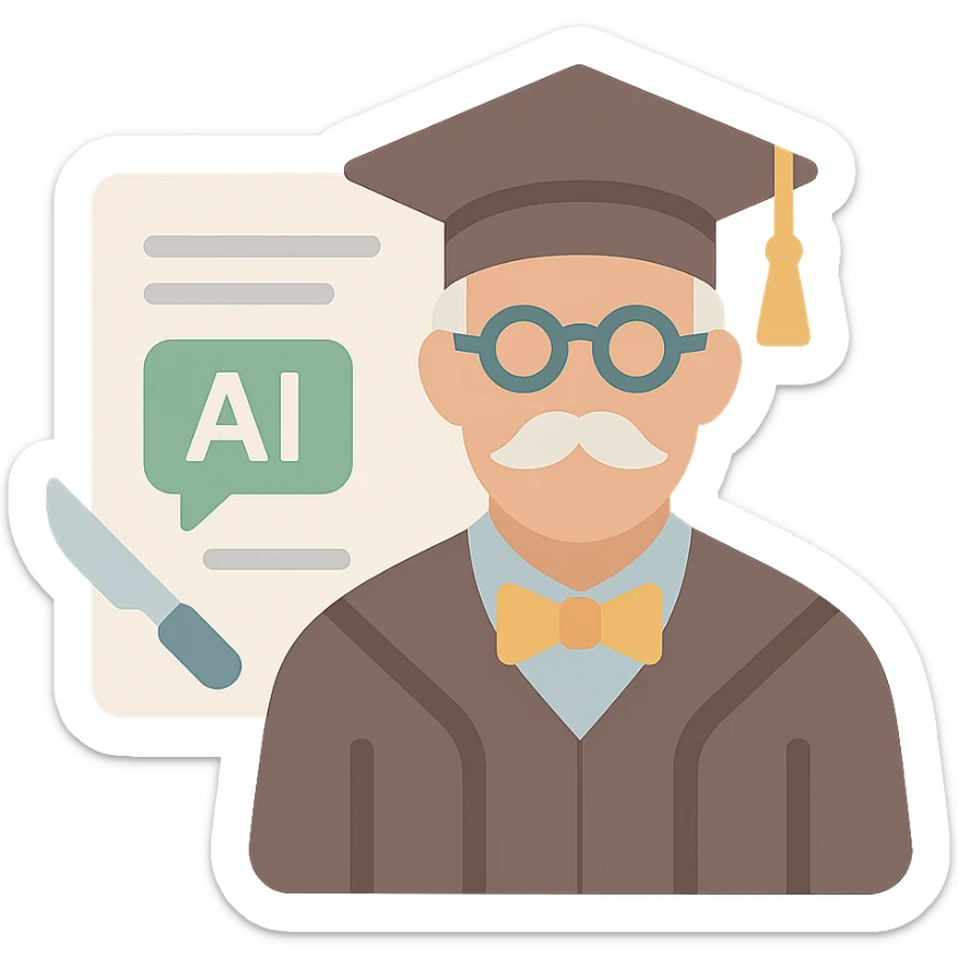 sleek clinical icon of a dignified intellectual professor with classic academia style, subtle scalpel sub-graphic, minimal document background with implied text and AI chat interface hints, refined historic academic color scheme, minimal Apple-like aesthetic sticker