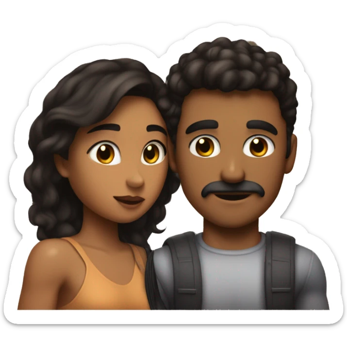 girl with slightly tan skin and dark hair kissing a buff muscular boy with really dan skin a pencil mustache and dark hair sticker