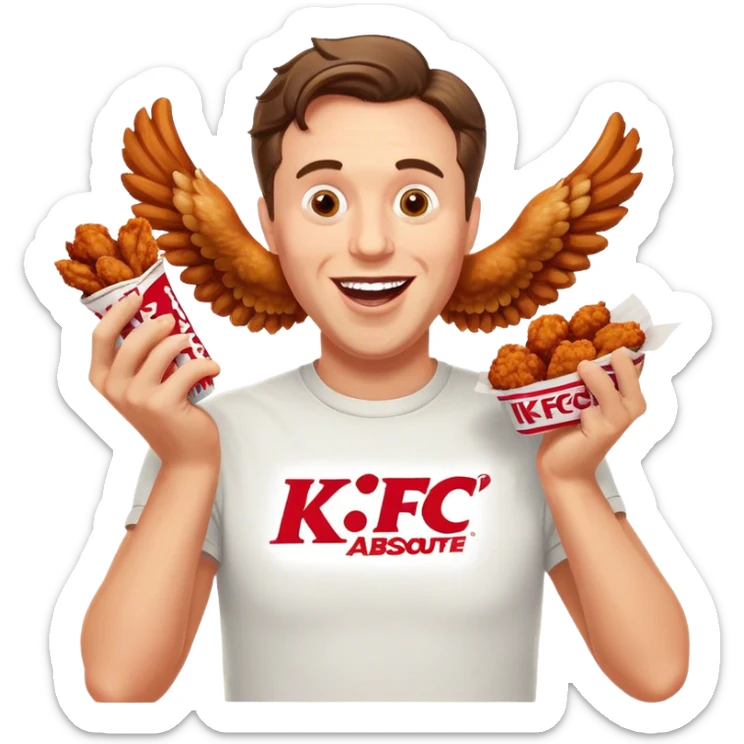 "Create an emoji of a white man holding KFC chicken wings with a happy and excited expression. Make sure to add the text 'KFC ABSOLUTE CINEMA ✋😮🤚' in large, bold letters, covering the entire screen and standing out clearly. This text must be included. Use a vibrant and expressive style." sticker