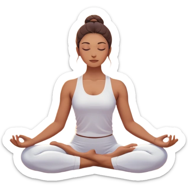 A peaceful person practicing yoga on a calm beach at sunrise, in a serene meditative pose. Soft pastel colors surround the scene, with gentle waves in the background and smooth, flowing lines representing balance and tranquility. The atmosphere feels centered and mindful. sticker