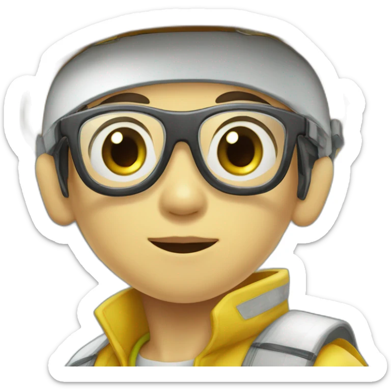 chinese boy with very thick lip small eyes and had glasses wearing yellow rain jack and a white safety helmet doing inspection sticker