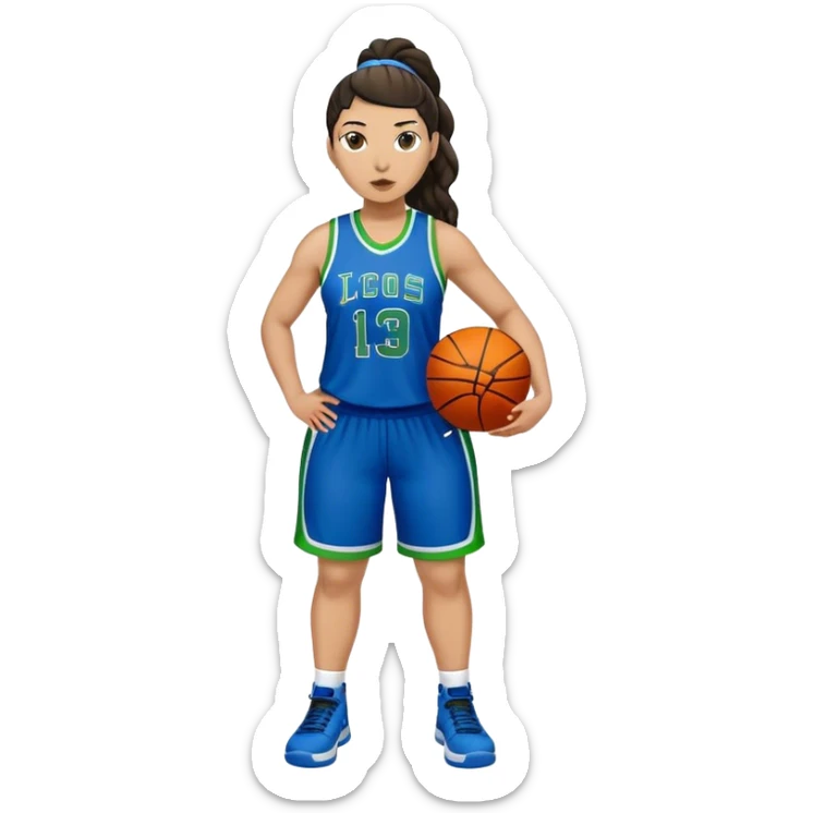 full body plus size light skin latino women basketball player with wavy dark hair in pony tail wide nose wearing blue uniform with green accent sticker