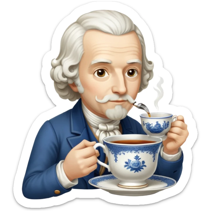 Adam Smith, 18th century economist with beard and wavy hair, drinking tea from a teacup sticker
