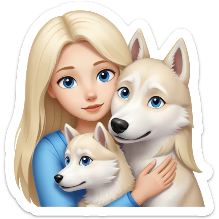 blonde girl with long blonde hair and blue eyes hugging a white husky with brown eyes sticker