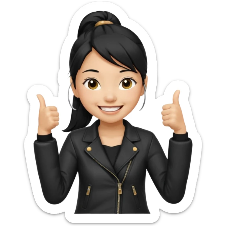A girl with a pony tail black hair and Asian tan skin, Asian eyes, with a black jacket and a black purse, laughing with arms crossed giving a thumbs up  sticker