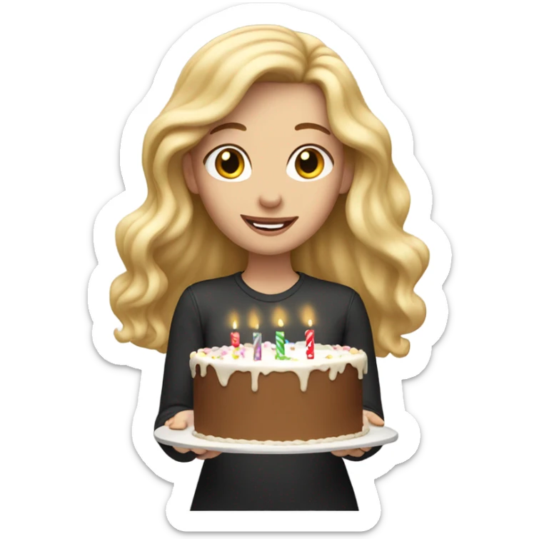 White woman, long hair, blonde hair, wavy hair, holding birthday cake sticker