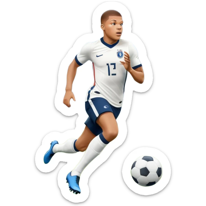 An icon showing Kylian Mbappé running with the ball on a football field during a match. The design captures his speed and focus, with dynamic motion lines and a vibrant background of the field and stadium lights. Transparent background emphasizes the action. sticker