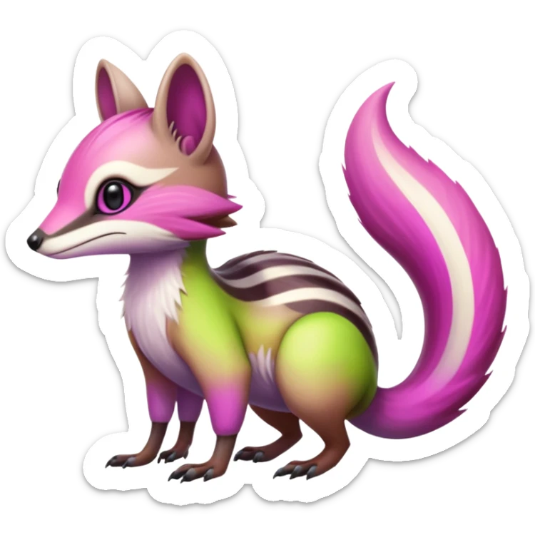 Iridescent Neon Lime-Green-Magenta-gradients Minccino-Numbat-Sergal-fusion-hybrid-animal-creature, full body sticker