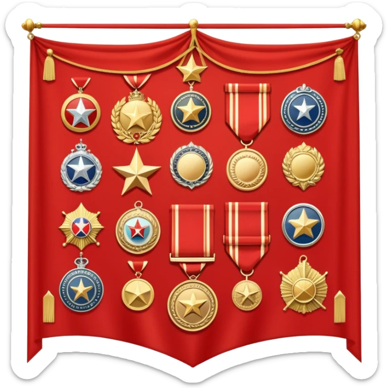 Icon for Collecting Orders, Medals & Badges: a variety of vintage orders, medals and badges, displayed neatly on a big red pennant or in a display case. The icon should reflect the honor and historical significance of these collectible items. Transparent background. sticker