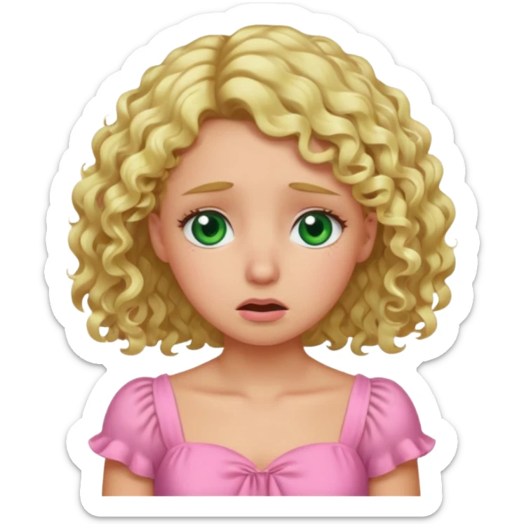 the girl is that criying she has green eyes and blond hair curly pink dress, sticker