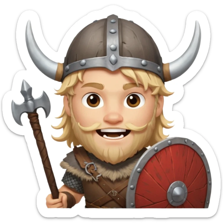 A young Viking warrior with messy hair painted cheeks, wooden shield, and fierce excited grin with horned helmet sticker