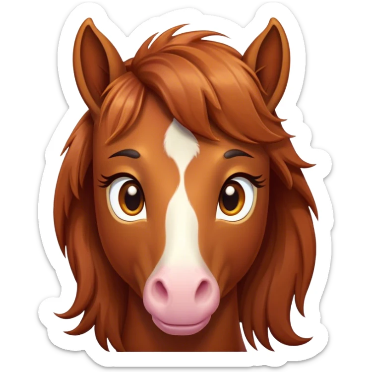 Cinematic Cute Chestnut Horse Portrait Emoji, Head tilted playfully and inquisitively, showcasing a glossy chestnut fur with a vibrant sheen and gentle, expressive amber eyes, Simplified yet irresistibly adorable features, highly detailed, glowing with a warm, friendly glow, high shine, affectionate and spirited, stylized with a touch of whimsy, bright and endearing, soft glowing outline, capturing the essence of a mischievous yet loving horse, so playful it feels like it could prance out of the screen and into your arms! sticker