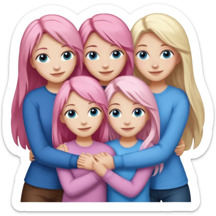 Girlfriend emoji - include 1 white girl with long light pink hair and blue eyes, one white girl with blue eyes and light blonde hair, and 2 white girls with brown eyes and long dark brown hair. They are smiling and hugging sticker