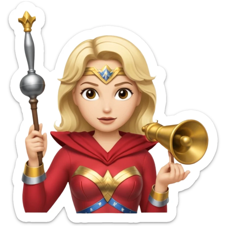 Blonde Wonder Woman holding bell and short white orchestra conductor’s baton  sticker