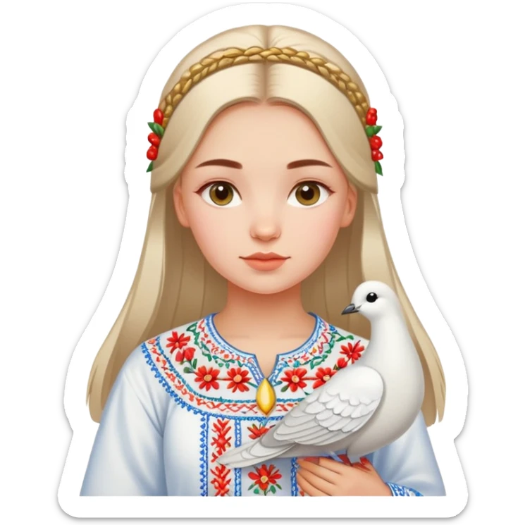 Ukrainian girl wearing a traditional embroidered vyshyvanka shirt with a white dove next to her sticker
