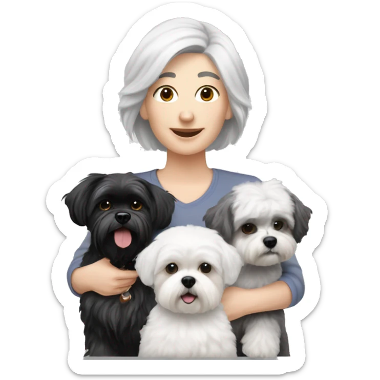 White women with short grey hair holding two dogs one black shih tzu and one white bichon frise sticker