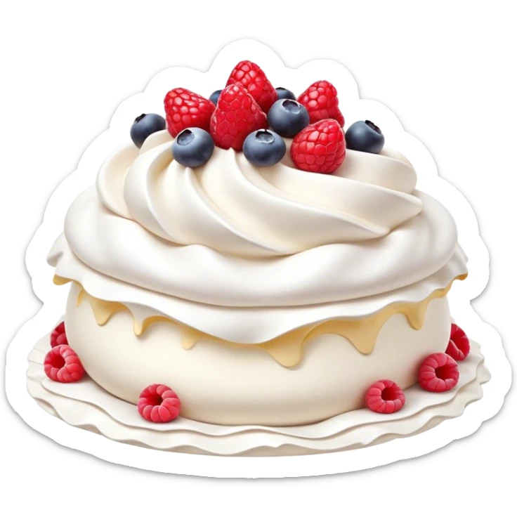 Cinematic Realistic Pavlova Dessert Emoji, showcasing a delicate meringue dessert topped with fresh fruit rendered with lifelike texture and soft natural lighting. sticker