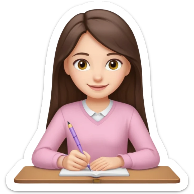 smiling long brunette hair girl hazel eyes wearing light pink clothes writing sticker