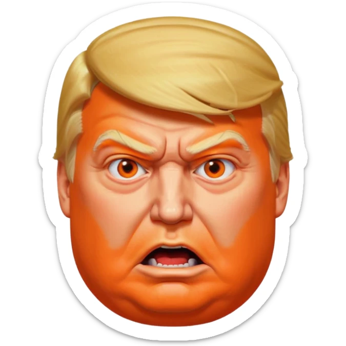PLEASE MAKE 3 VERSIONS OF AN ISOMETRIC 3D ICON OF A DONALD TRUMP CHARACTER, FROM AN OVERHEAD ISOMETRIC ANGLE, WITH AN ANGRY AND CONFUSED EXPRESSION, HEAVY JOWELS, WITH EXCESSIVE ORANGE MAKEUP, A VERY LARGE, BLOATED STOMACH, AND VERY LARGE ANGLES. sticker